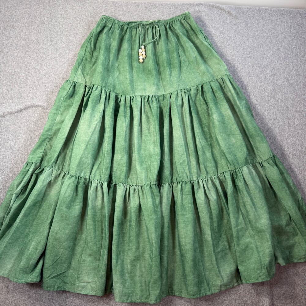 SundayUp Women's Medium Green Tiered Maxi Skirt Elastic Waist Drawstring Beaded